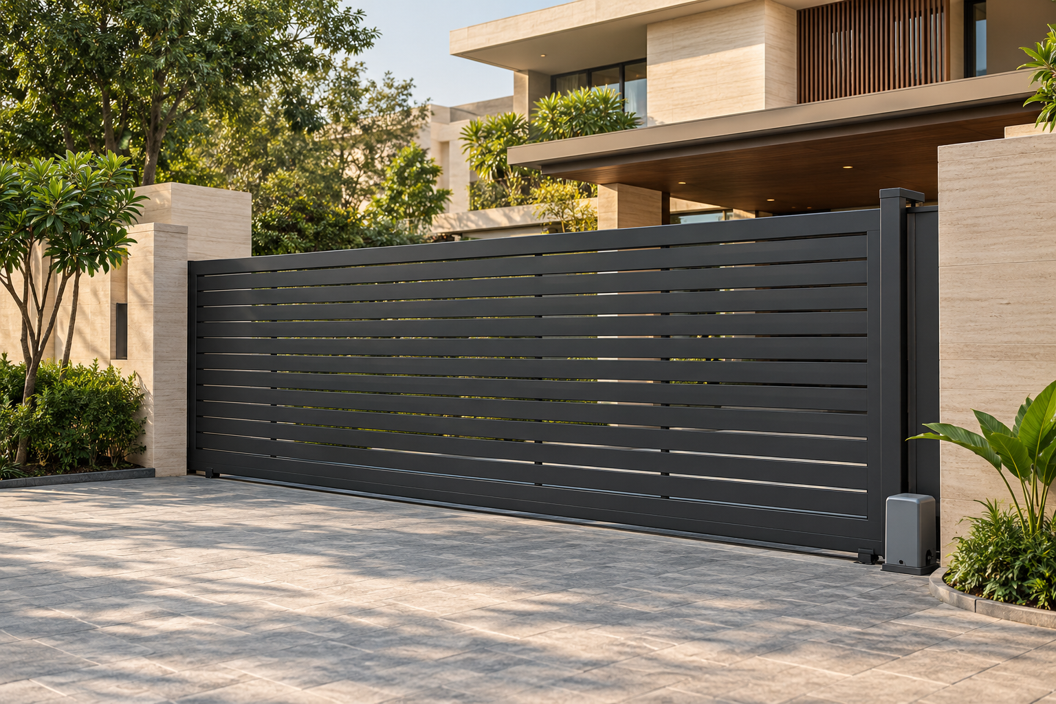 Illustrative contemporary villa entrance with a charcoal sliding gate and discreet automation motor